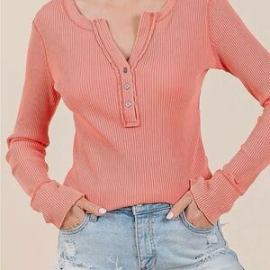 Women's Coral Ribbed Henley Top